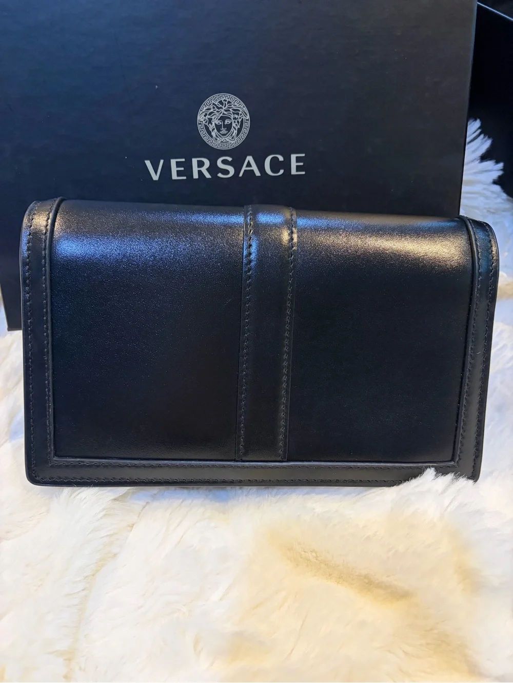 Versace Greca Goddess Black Leather Clutch with Gold Greek-Key Accent